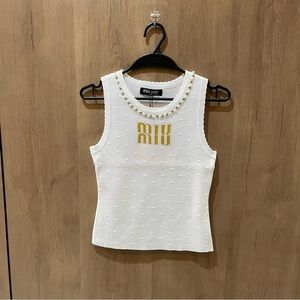 Miu Miu White Pearl-Trim Sleeveless Knit Tank with Gold Logo